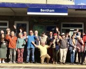 People celebrating at Bentham Station